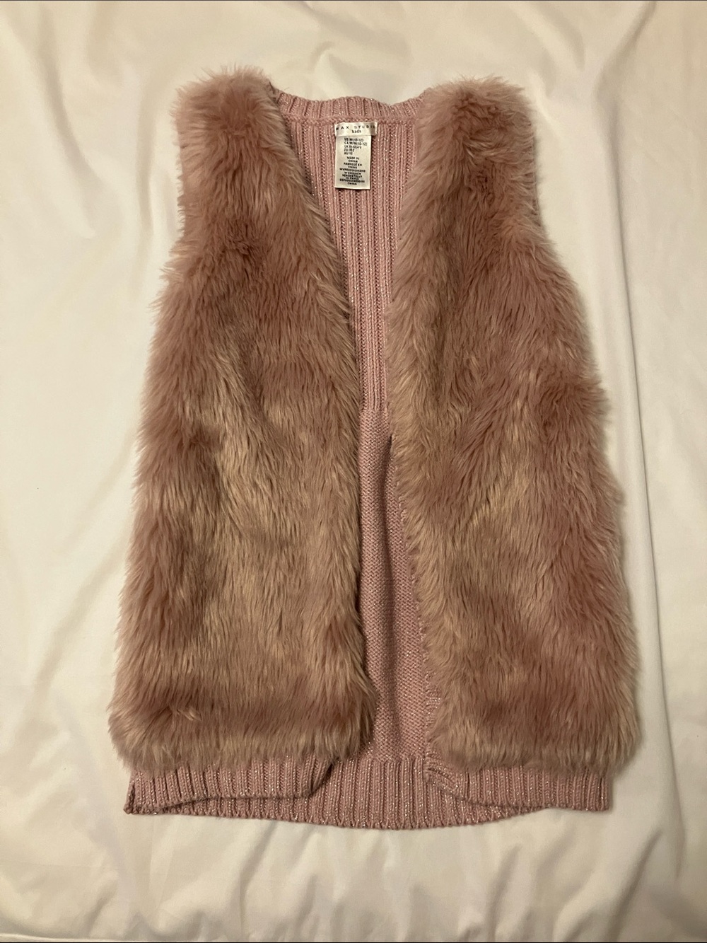 EUC Max Studio Dusty Rose Faux Fur Open-Front Vest sparkly ribbed back Sz G10/12